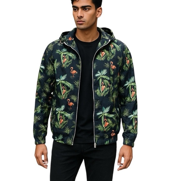 Denim & Flower Other - Denim & Flower Large Tropical Lightweight Zip Jacket Windbreaker Hooded Cotton